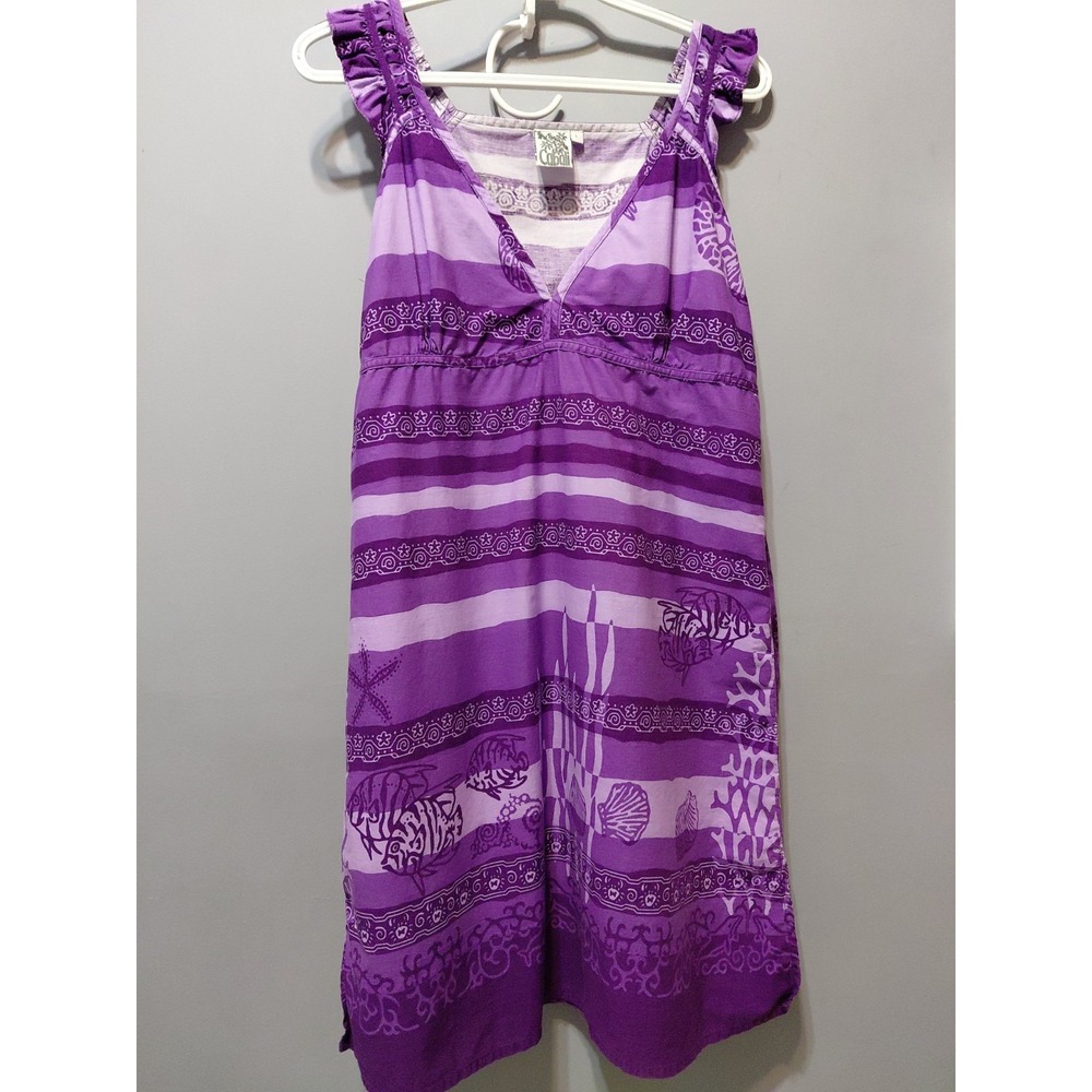 Cabali Midi Dress Womens L Purple Tie Back Tropical Fish Print Exotic Cotton